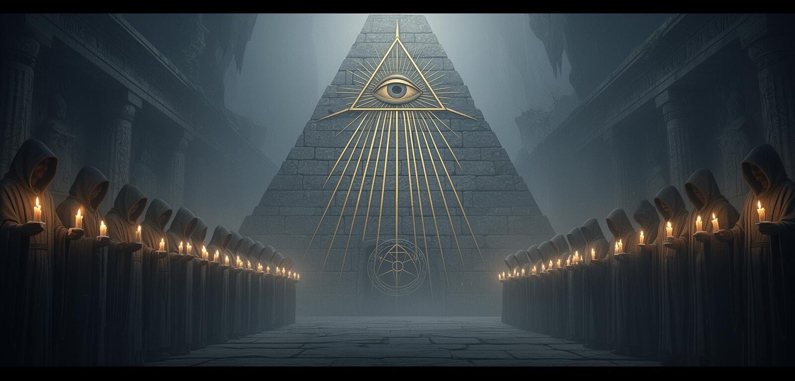 All-seeing eye pyramid surrounded by hooded figures — Illuminati Brotherhoods